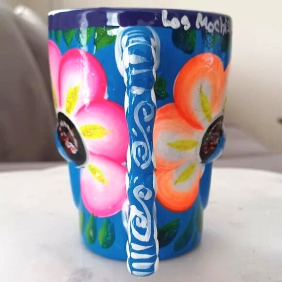 Day of the Dead Sugar Skull Mug Bright Blue Multi-Color Hand-Painted 4.5" - Picture 8 of 10